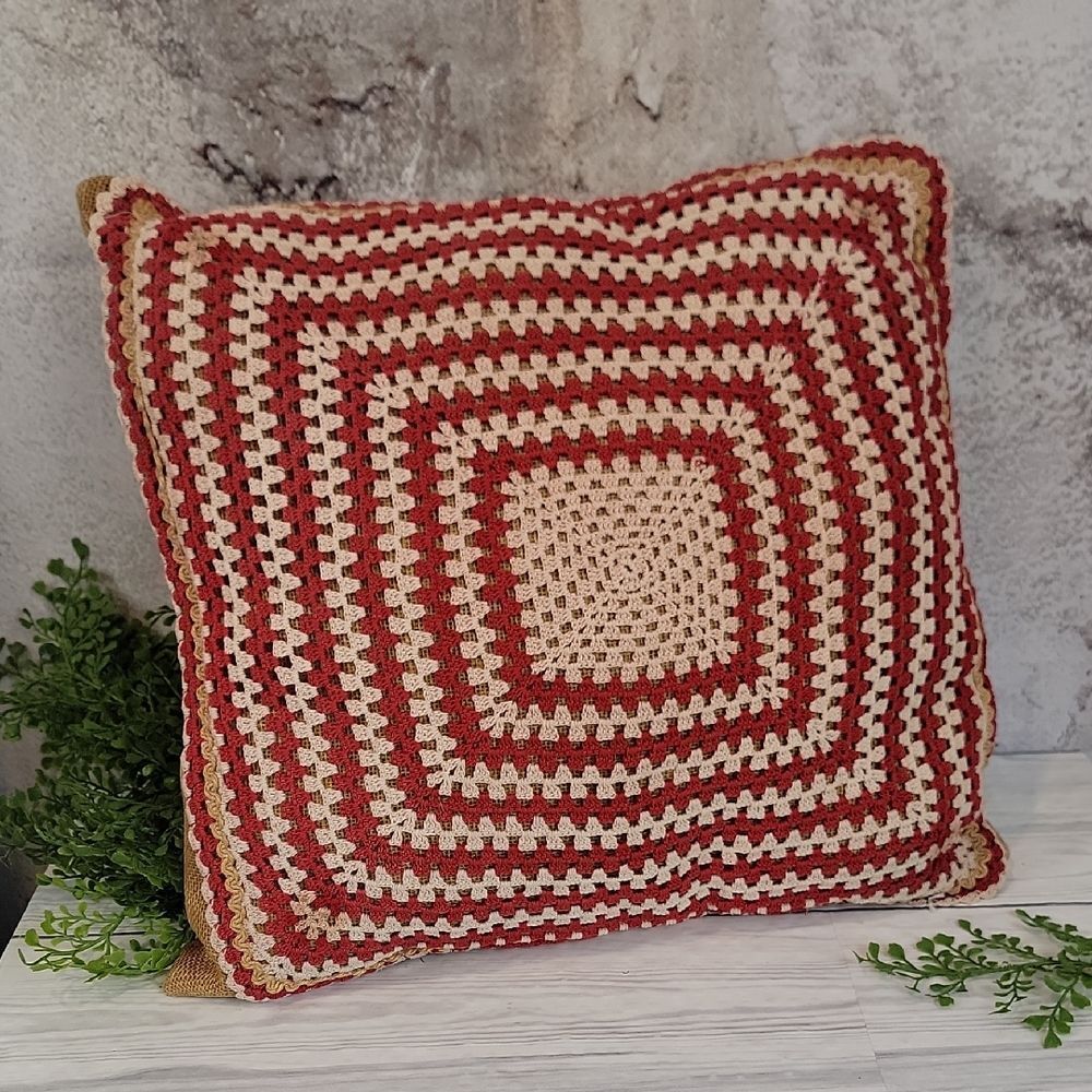 Handcrafted Red and Cream Crochet Pillow